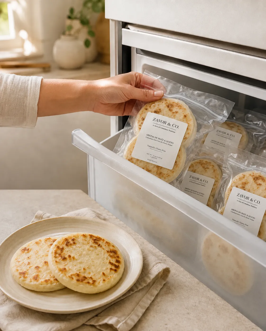 Frozen arepas in a home kitchen, ready to store in the freezer and heat when needed.