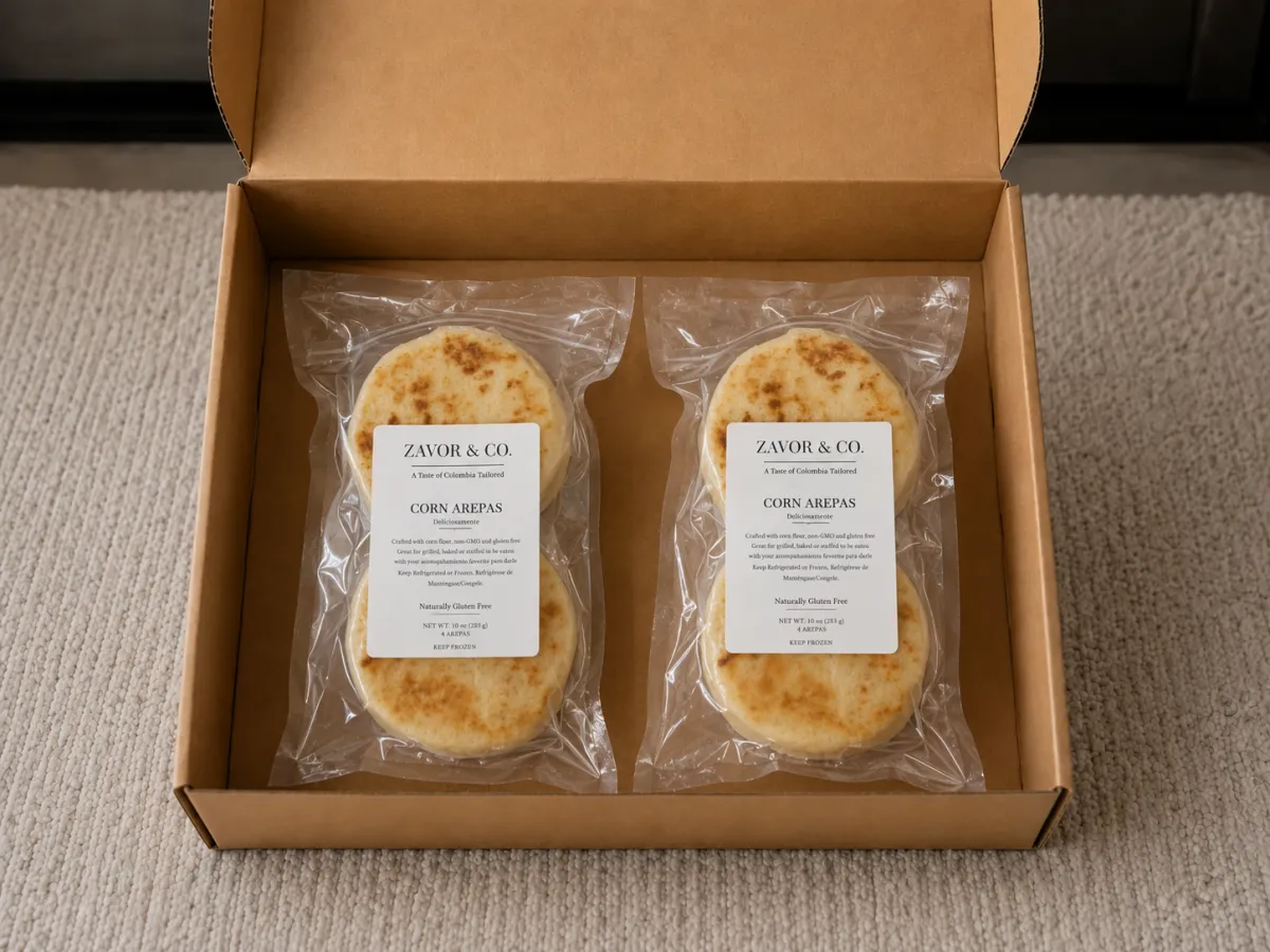 A carefully packaged Zavor arepas order delivered at a client door step