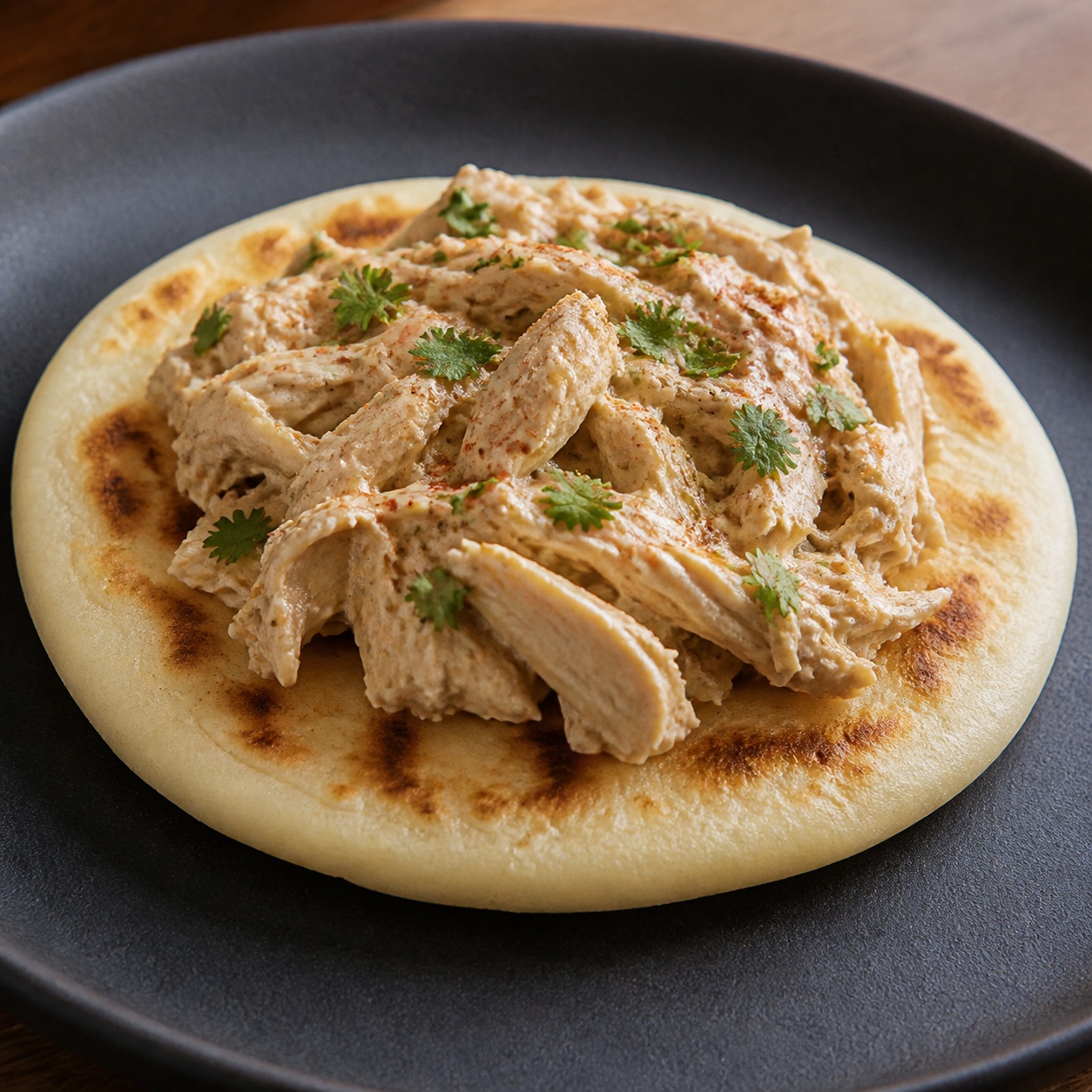 Arepa topped with shredded chicken in a creamy walnut sauce