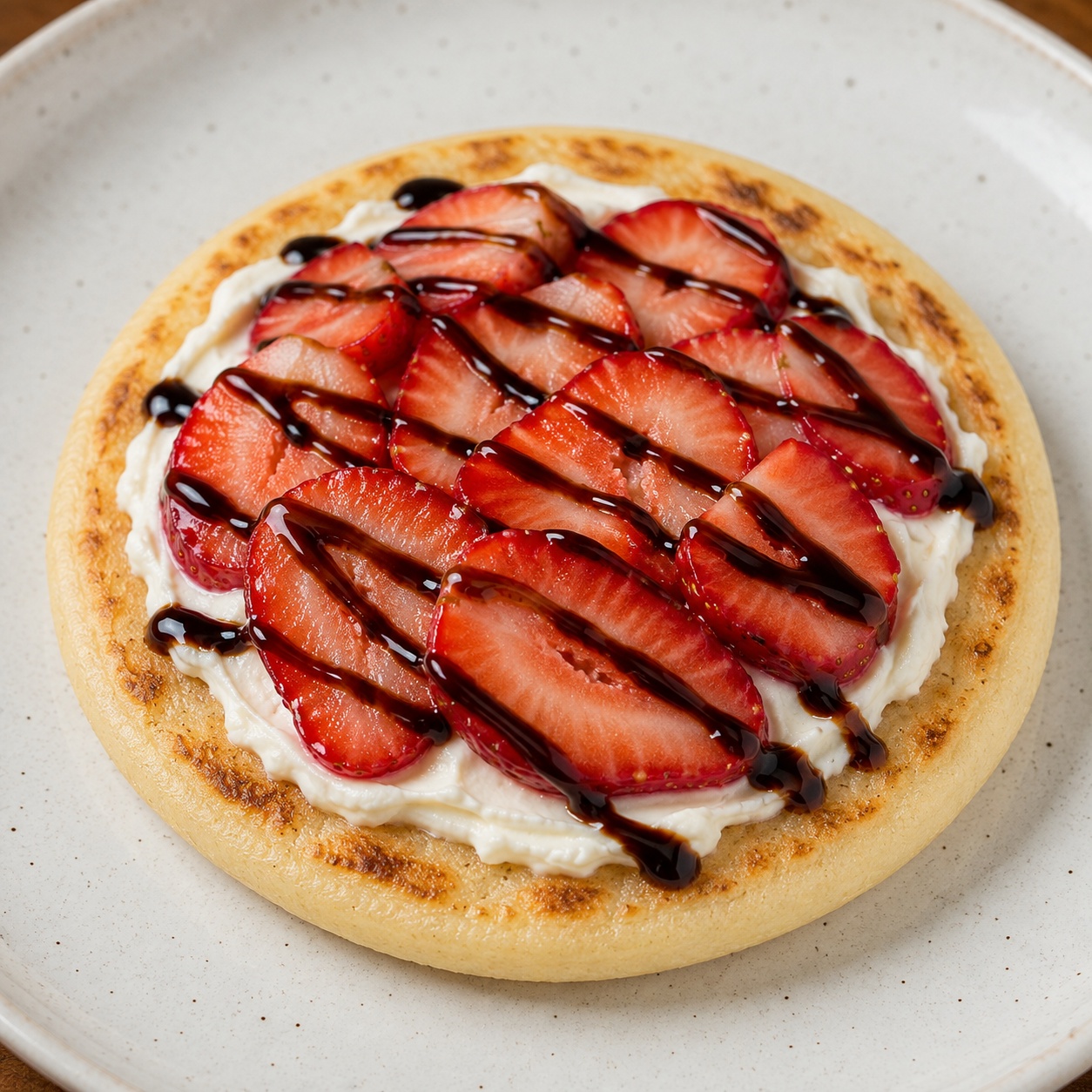 Arepa spread with cream cheese, sliced strawberries and dark balsamic glaze