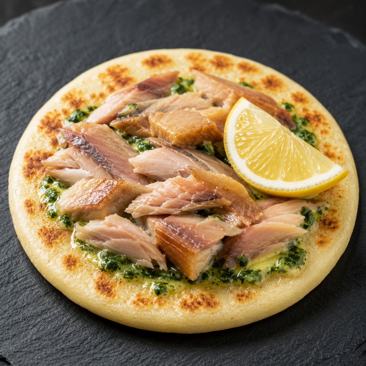 Arepa topped with smoked herring and melted lemon-parsley butter