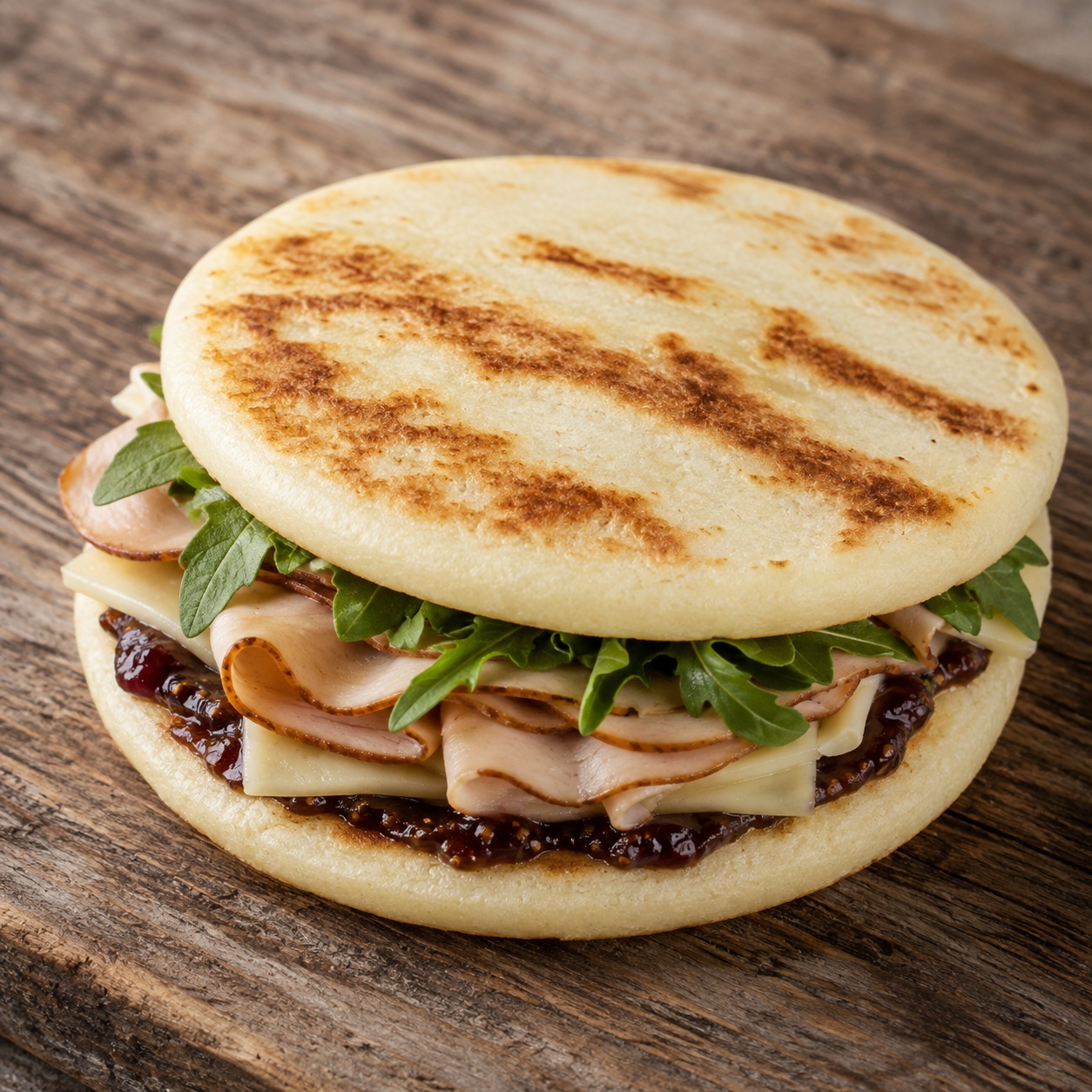 Two arepas sandwiched with turkey, dark fig jam, sliced manchego and arugula
