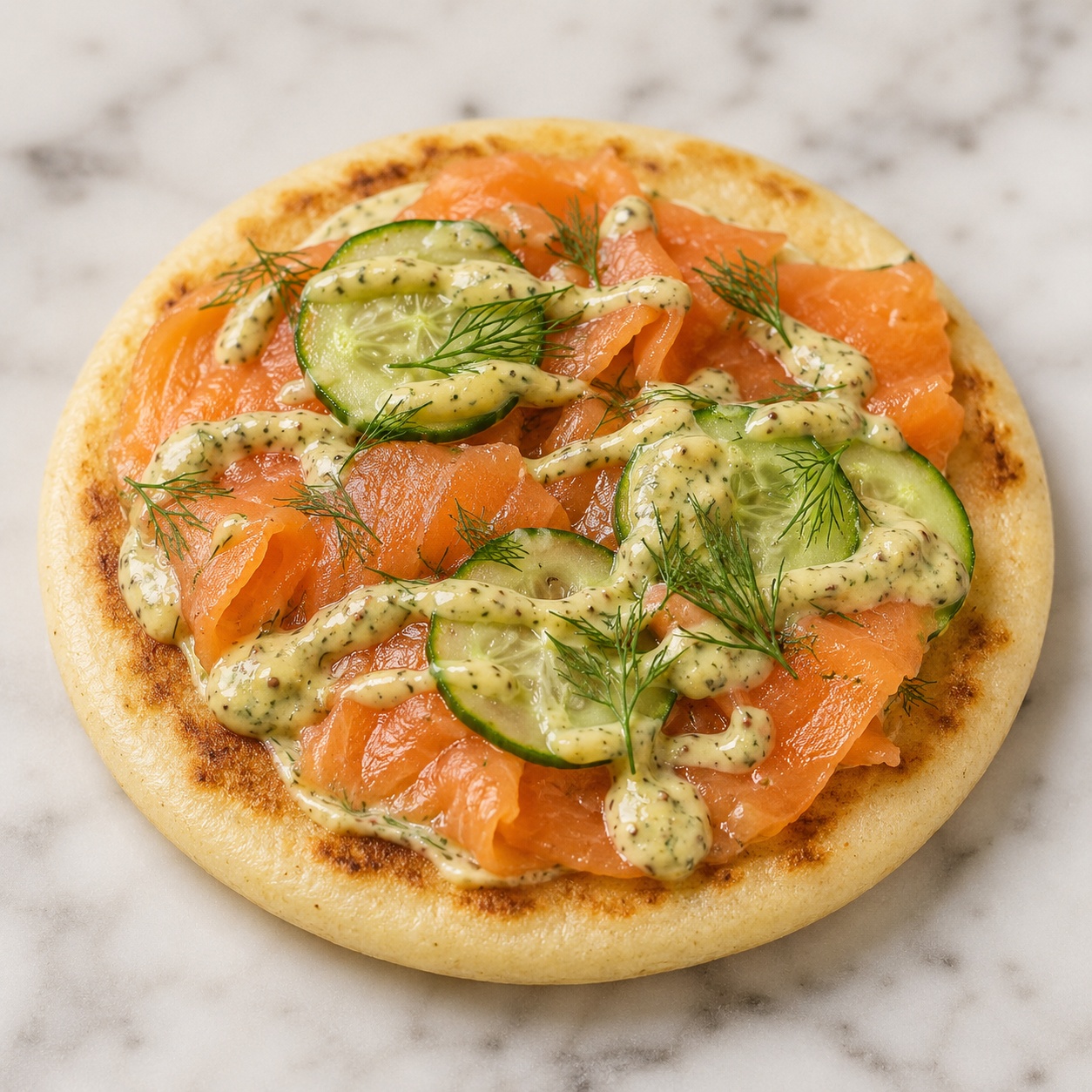 Arepa topped with gravlax, cucumber slices and mustard-dill sauce