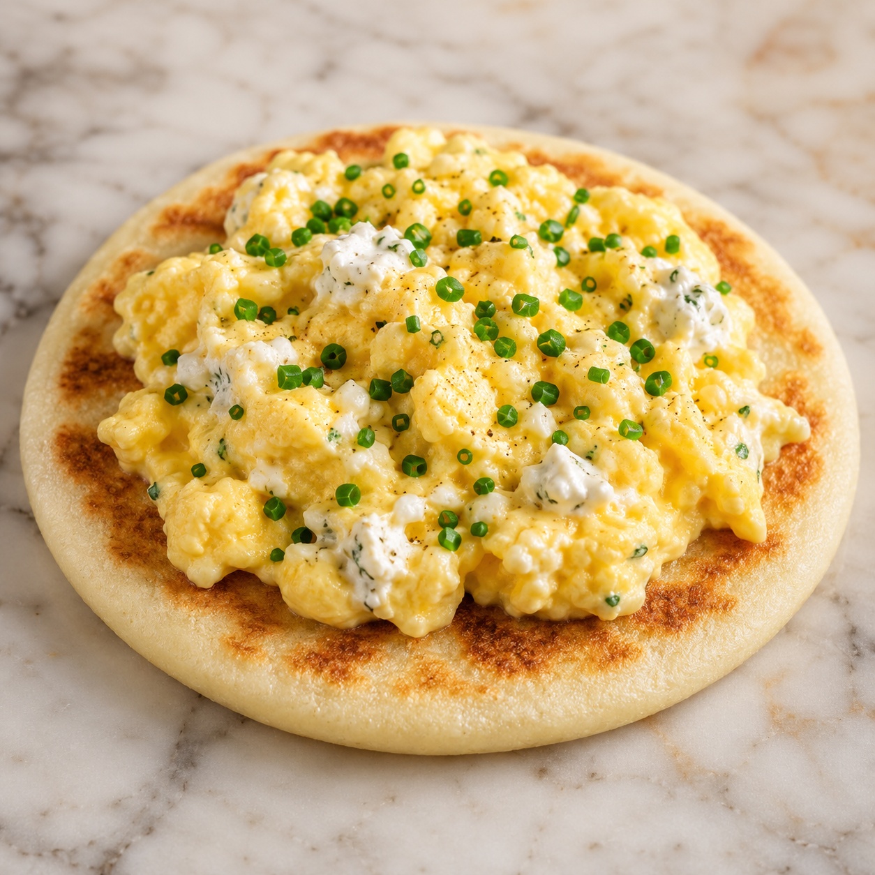 Arepa topped with soft scrambled eggs folded with Boursin and chives