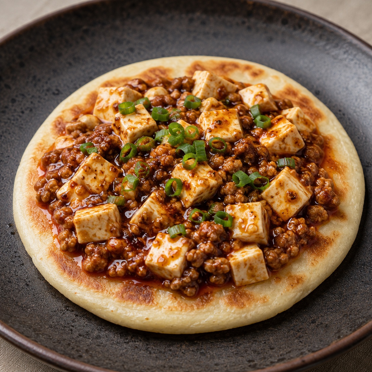 Arepa topped with mapo tofu — silky tofu and pork in red Sichuan sauce
