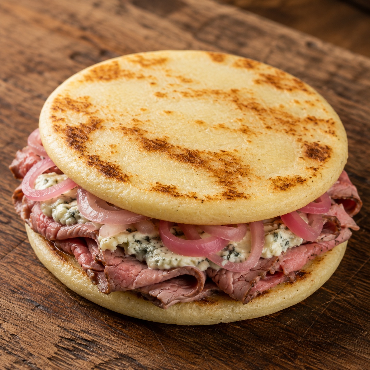 Two arepas sandwiched with rare roast beef, blue cheese and pickled shallot