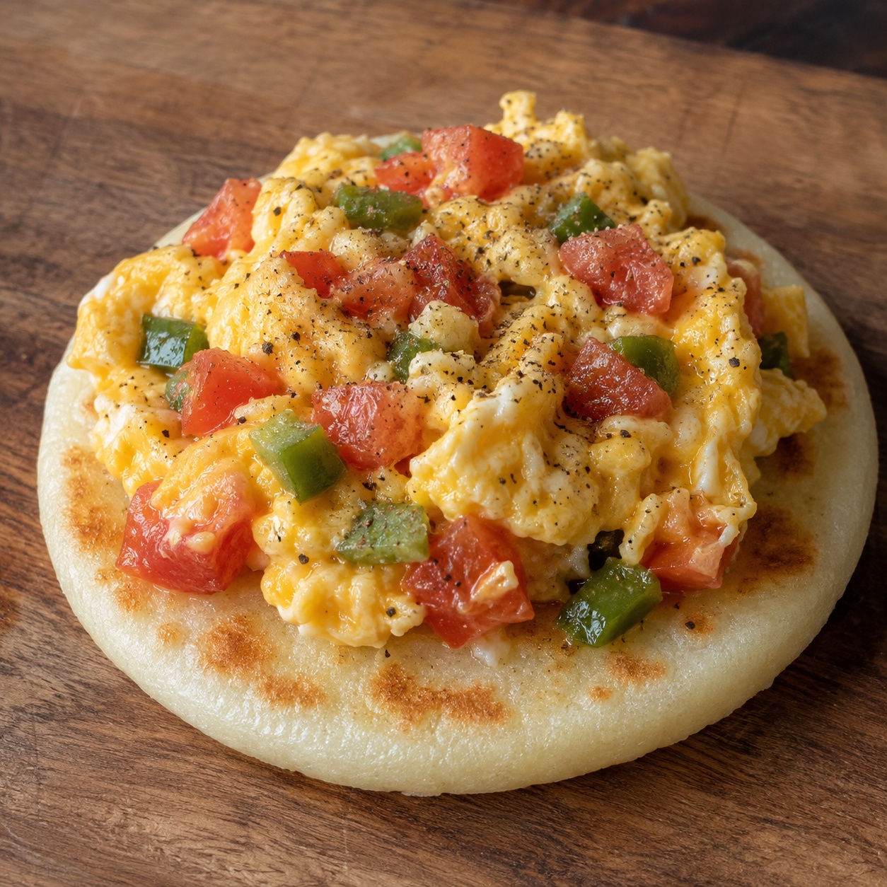 Arepa topped with soft Turkish menemen eggs, tomato and green pepper