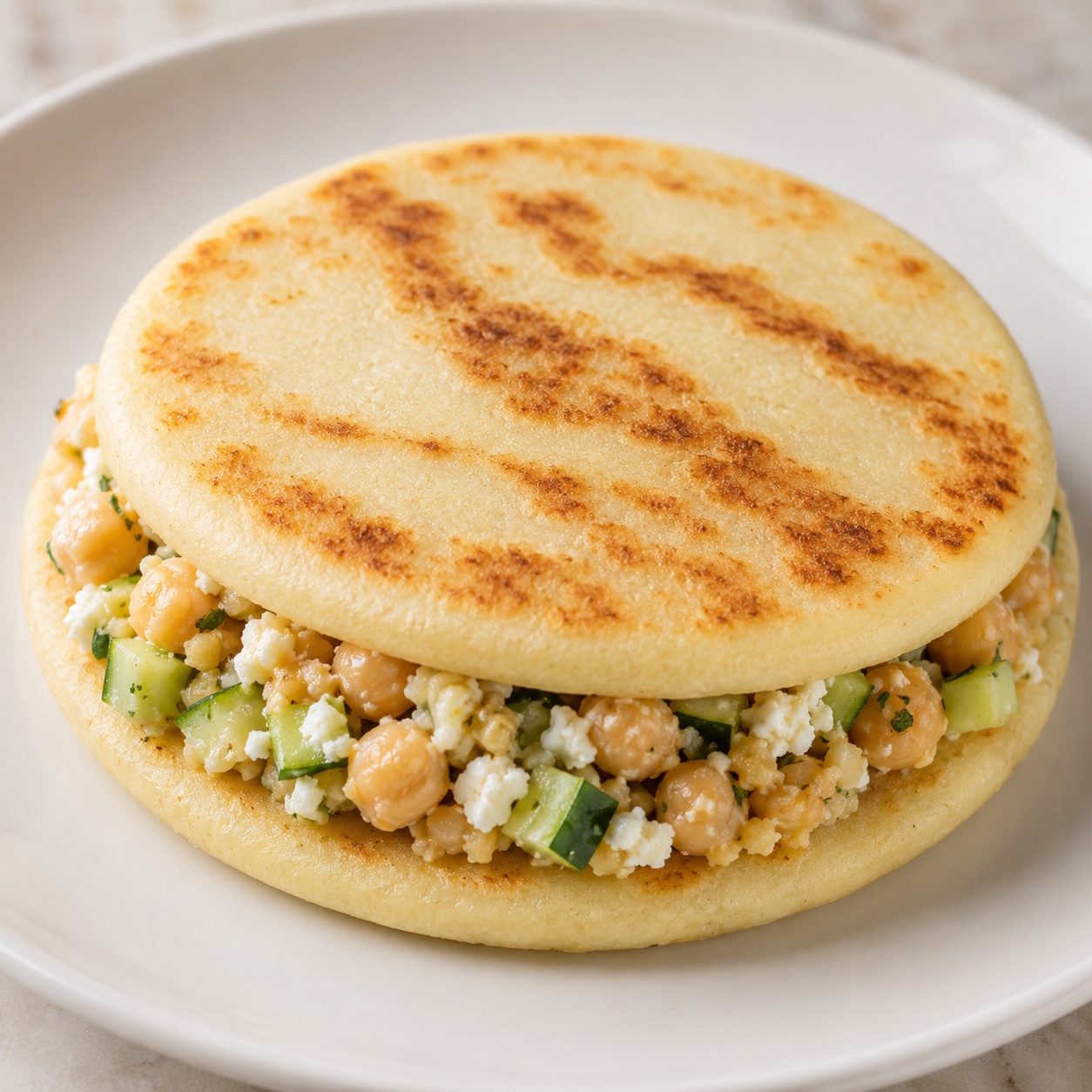 Two arepas sandwiched with chickpea salad with feta and cucumber
