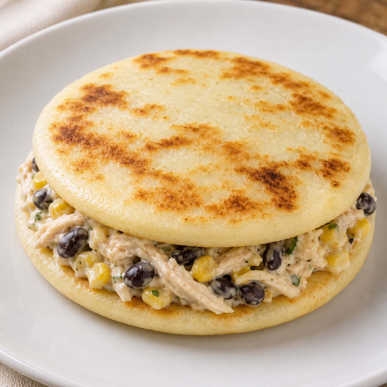 Two arepas sandwiched with chicken, corn and black bean salad in lime crema