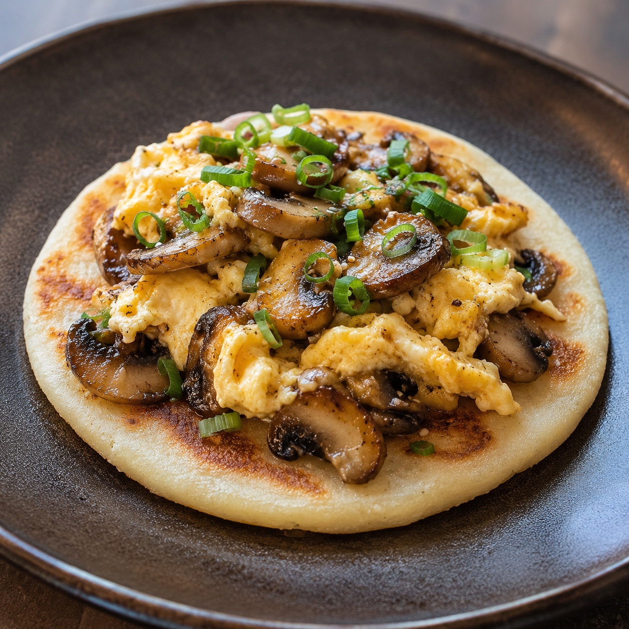 Arepa topped with soft miso-mushroom egg scramble and scallion