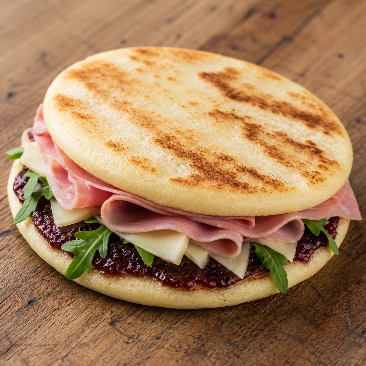 Two arepas sandwiched with ham, manchego and fig jam