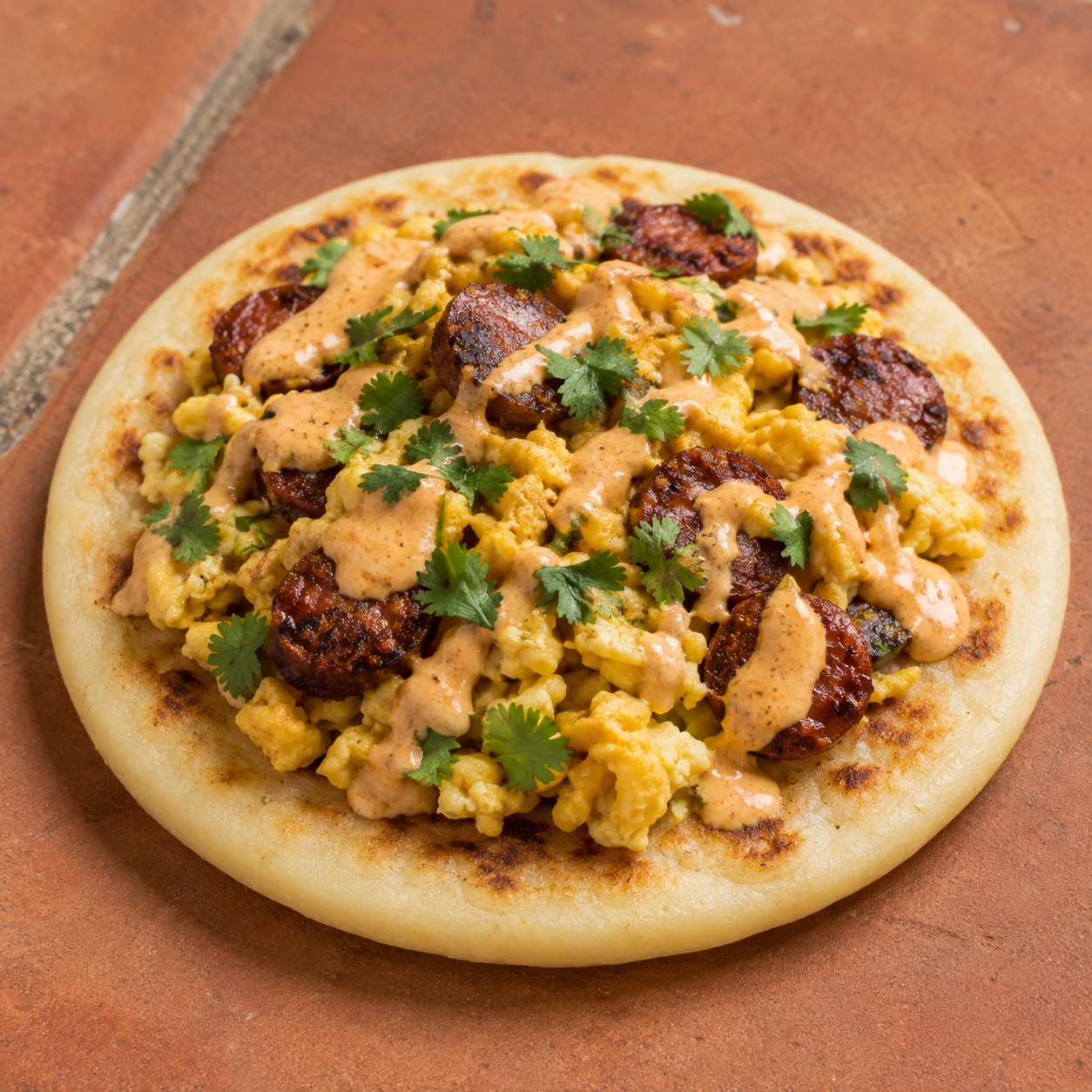 Arepa topped with merguez, soft scrambled eggs and harissa yogurt