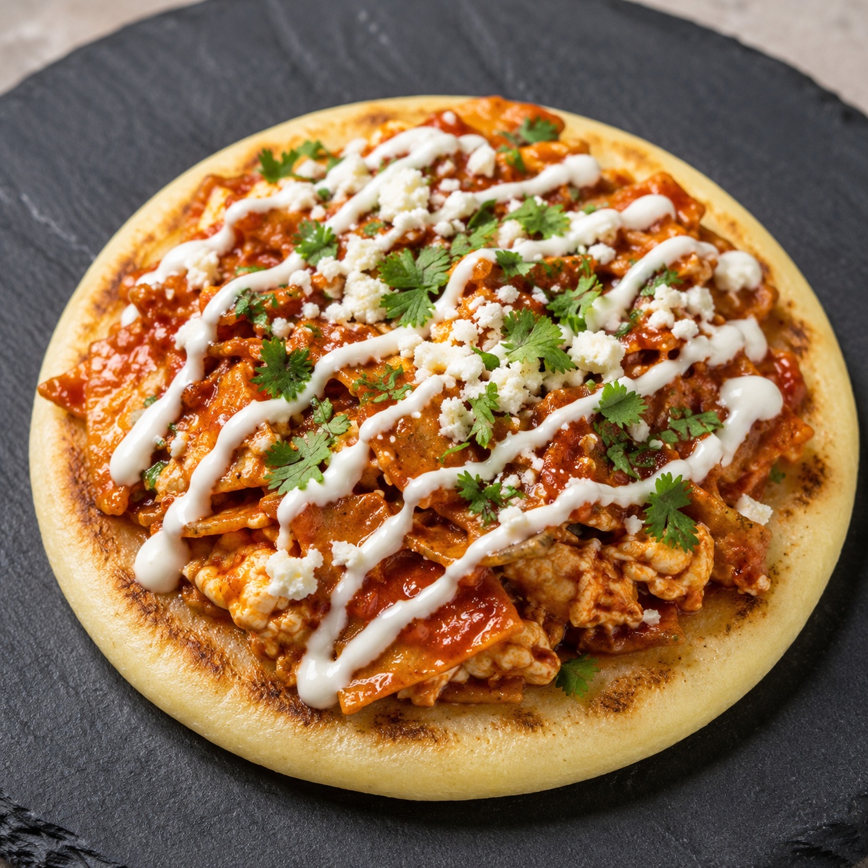 Arepa topped with saucy red chilaquiles-style eggs, crema and queso fresco