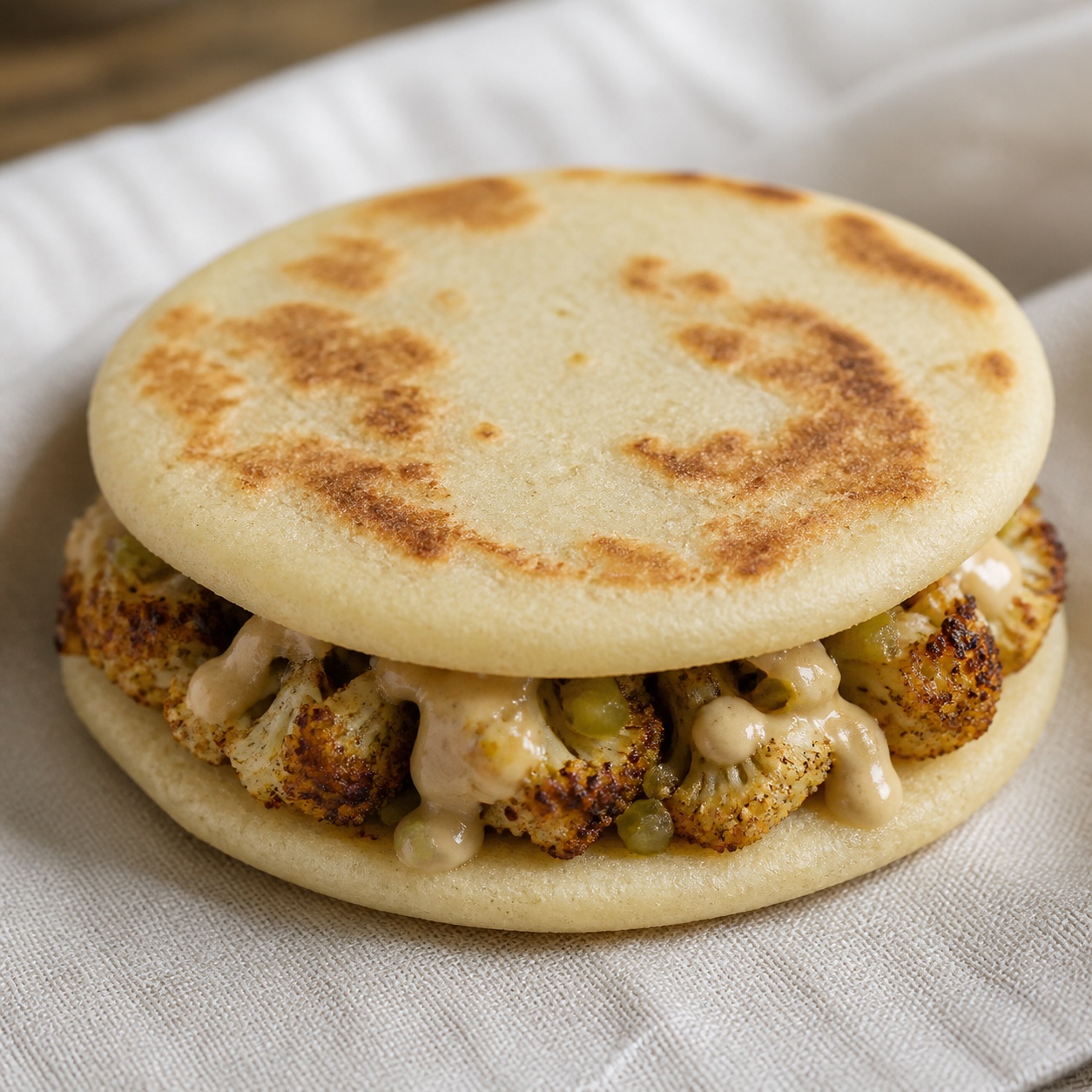 Two arepas sandwiched with spiced roasted cauliflower, tahini and pickle