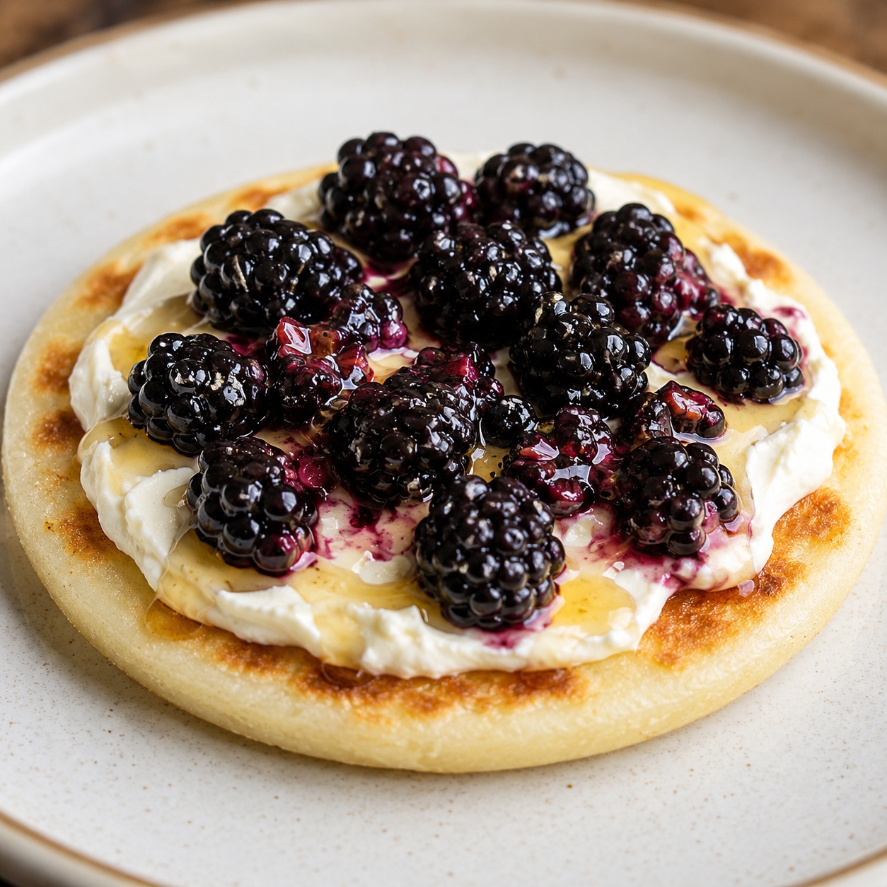 Arepa spread with mascarpone, blackberries and a honey drizzle