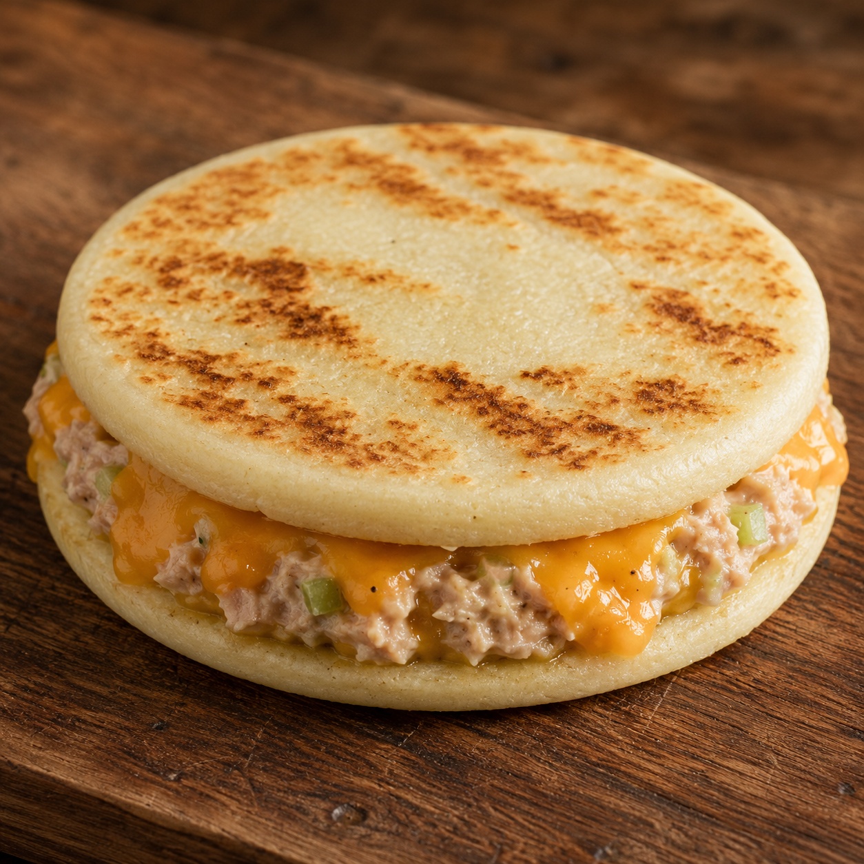 Two arepas pressed together with tuna salad and melted cheddar