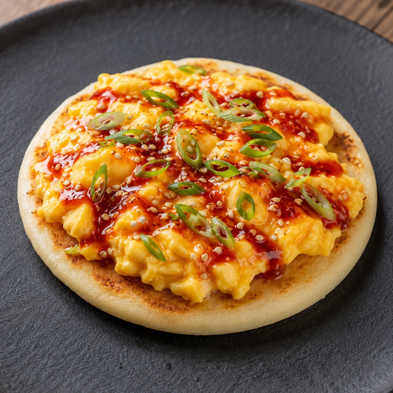 Arepa topped with soft scrambled eggs, red gochujang glaze, scallion and sesame