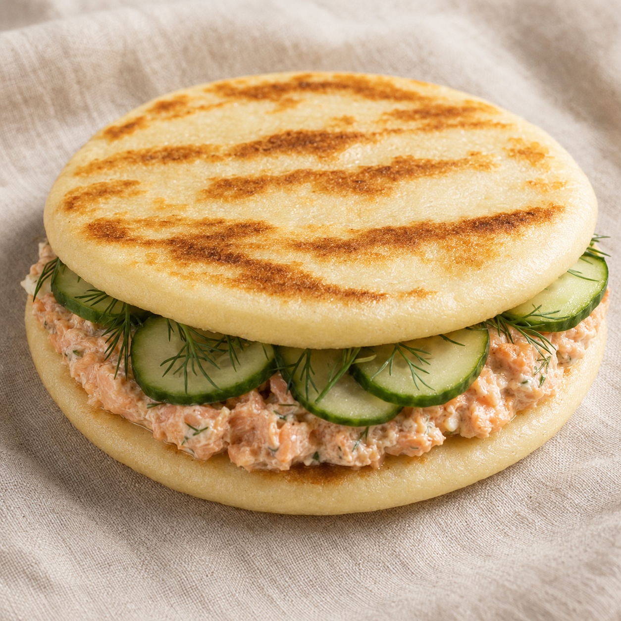 Two arepas sandwiched with salmon rillettes, cucumber and dill
