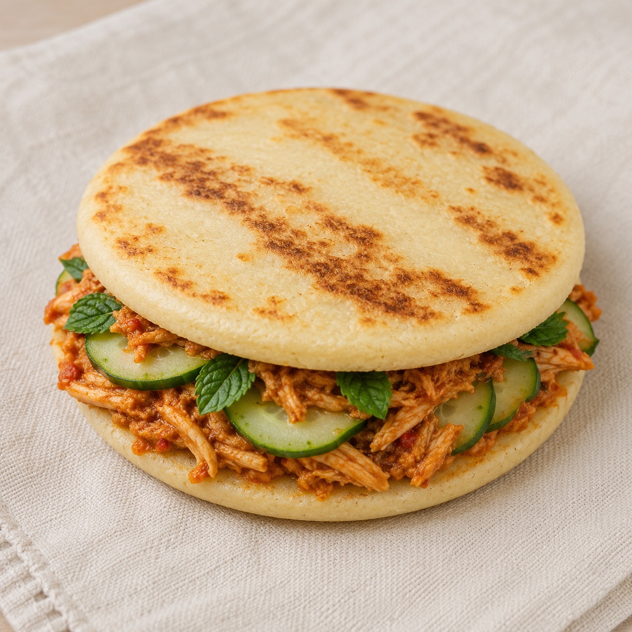Two arepas sandwiched with muhammara-coated chicken and cucumber