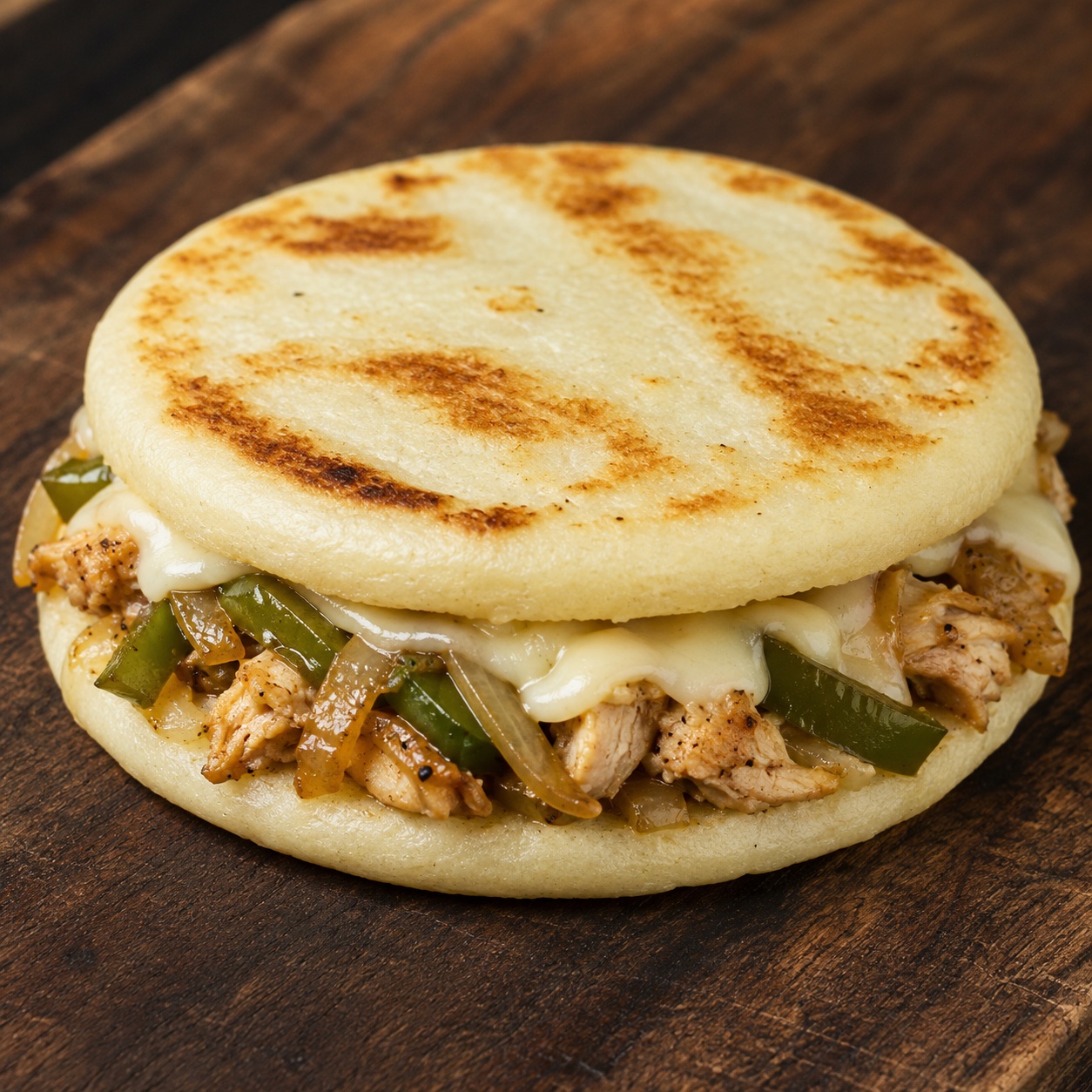 Two arepas pressed together with chicken, provolone, peppers and onions
