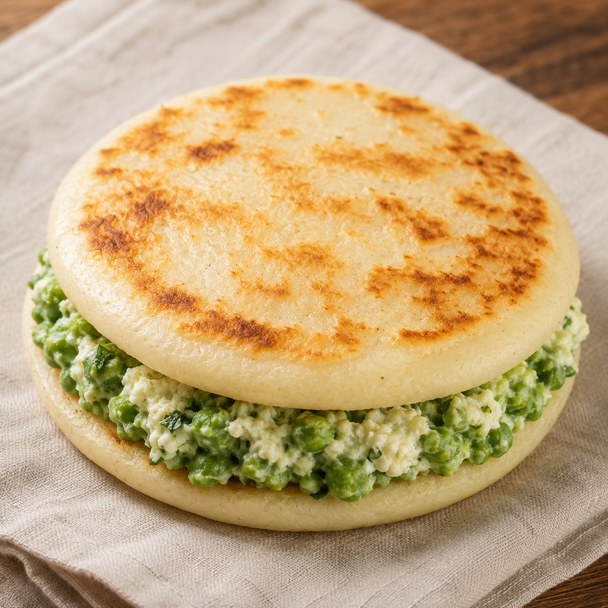 Two arepas sandwiched with a bright green pea, ricotta and mint smash