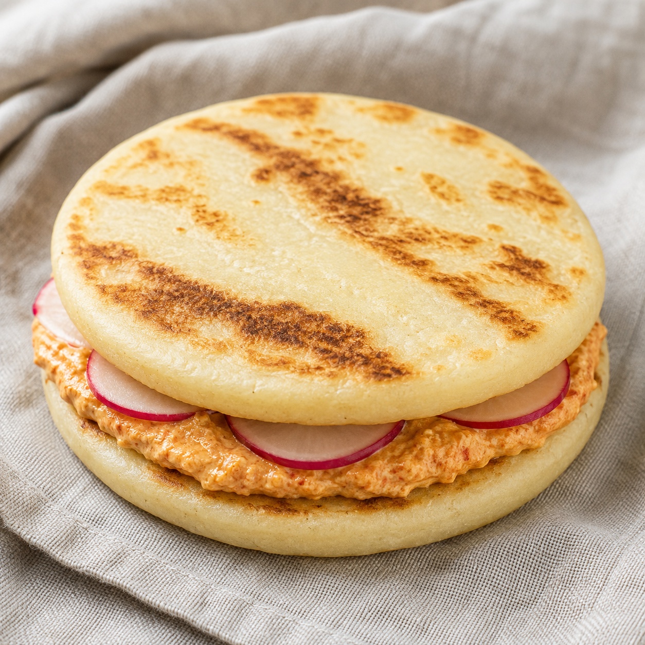 Two arepas sandwiched with paprika liptauer cheese spread and radish slices