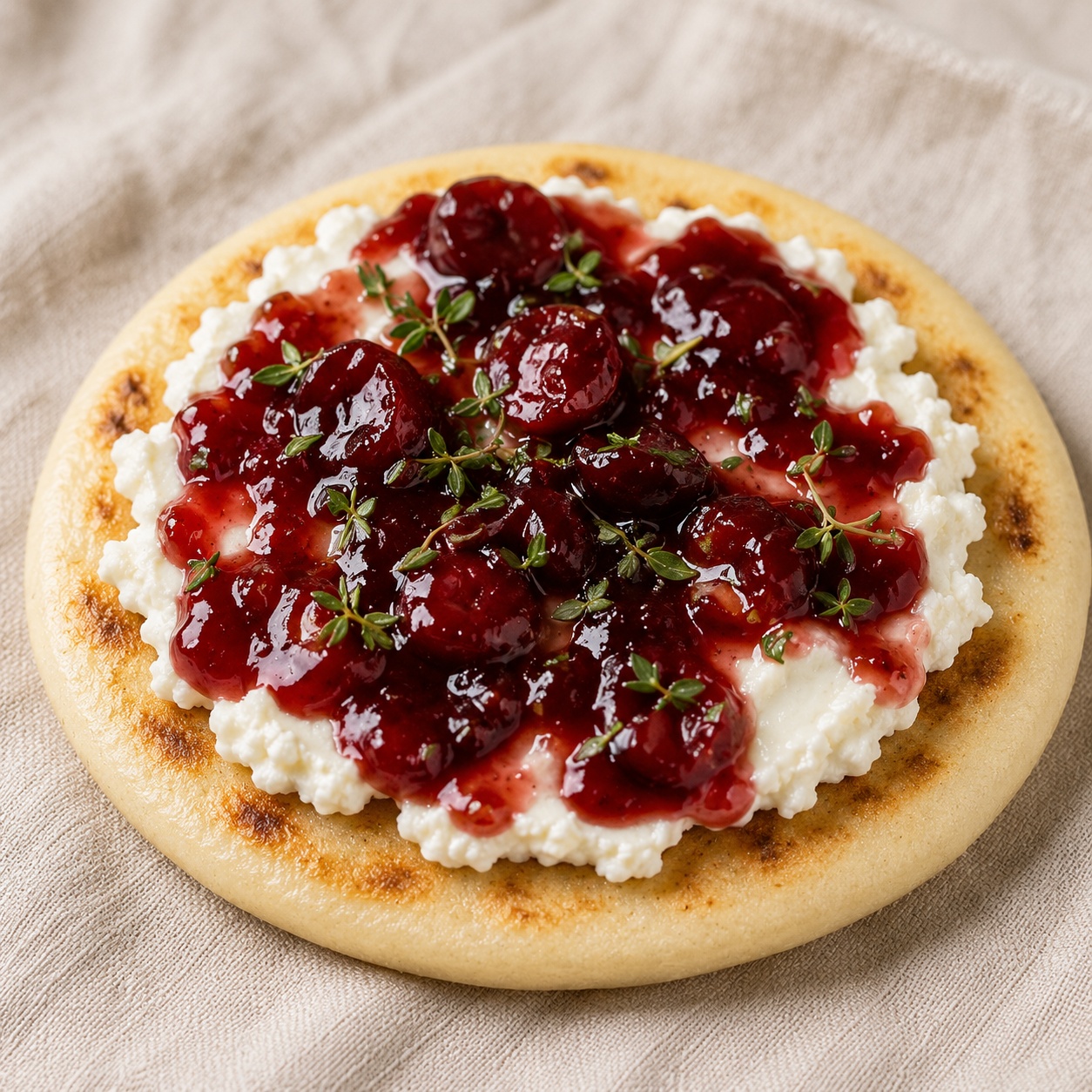 Arepa spread with goat cheese, dark cherry preserves and thyme