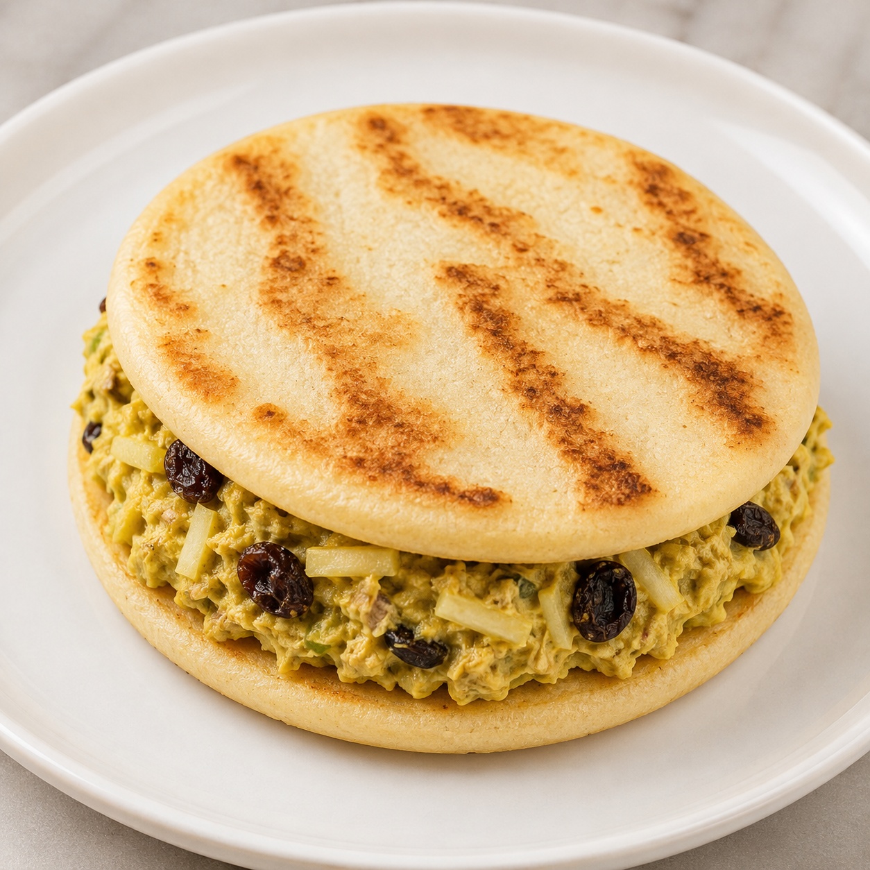 Two arepas sandwiched with curried tuna salad with grated apple and raisins