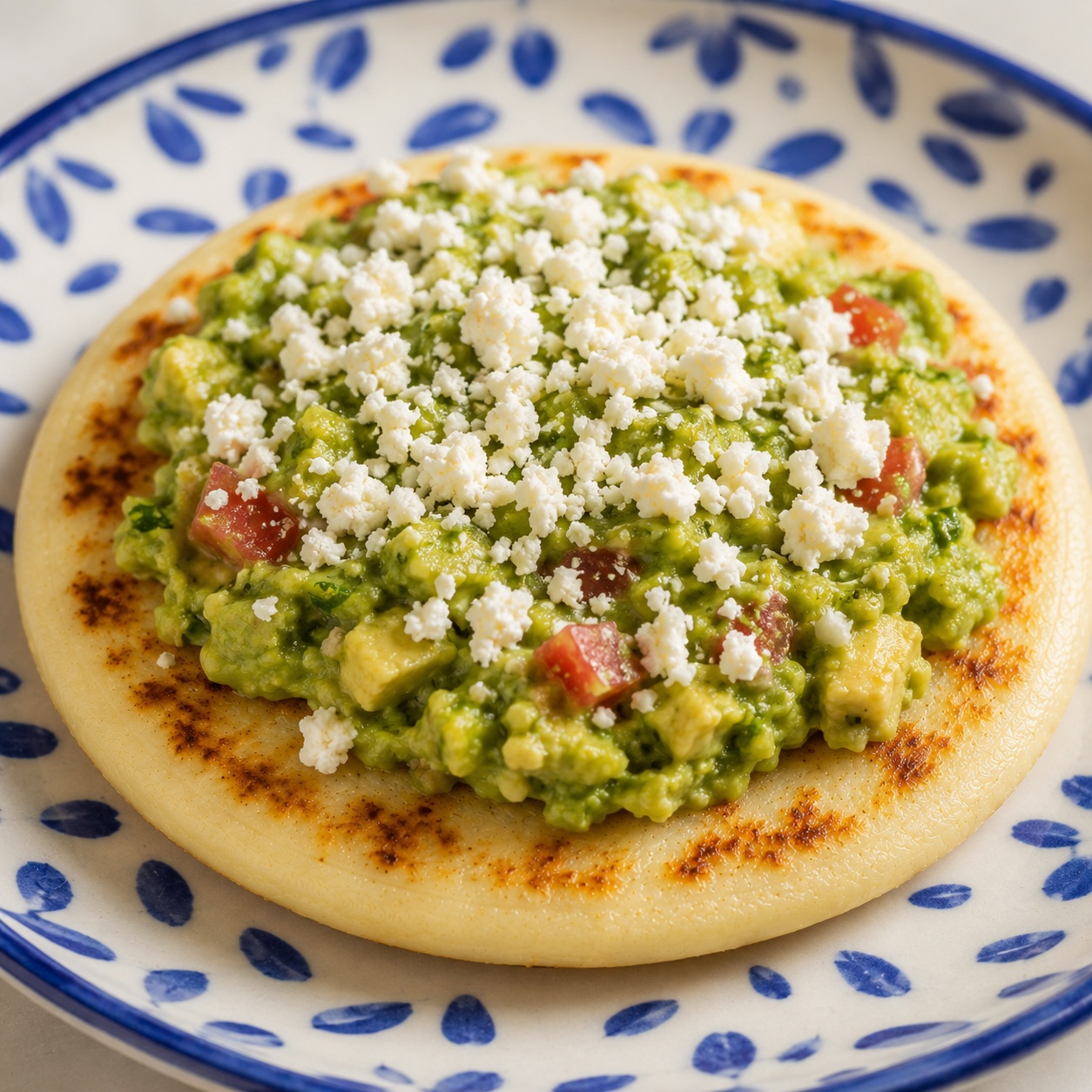 Arepa spread with chunky guacamole and crumbled white cotija cheese