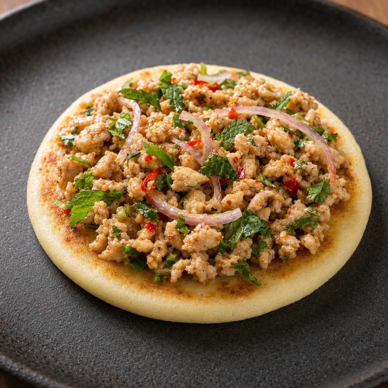 Arepa topped with herby lime-dressed ground chicken larb