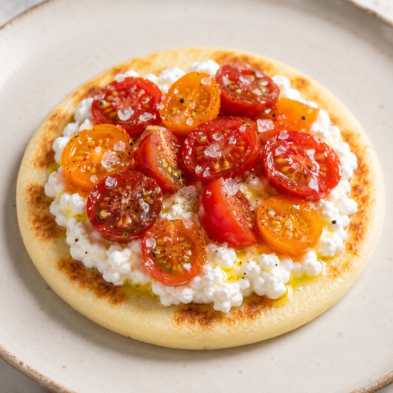 Arepa spread with cottage cheese, halved cherry tomatoes, olive oil and flaky salt