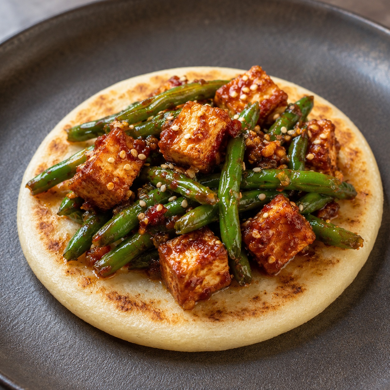 Arepa topped with blistered green beans and crispy tofu in dark red sambal