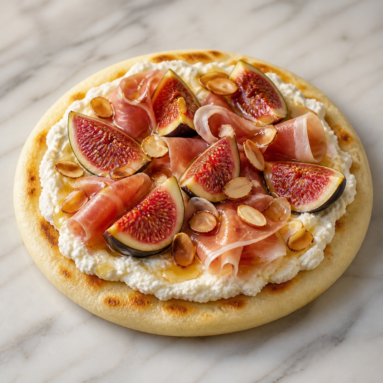 Arepa topped with whipped ricotta, fresh figs, prosciutto, honey and almonds