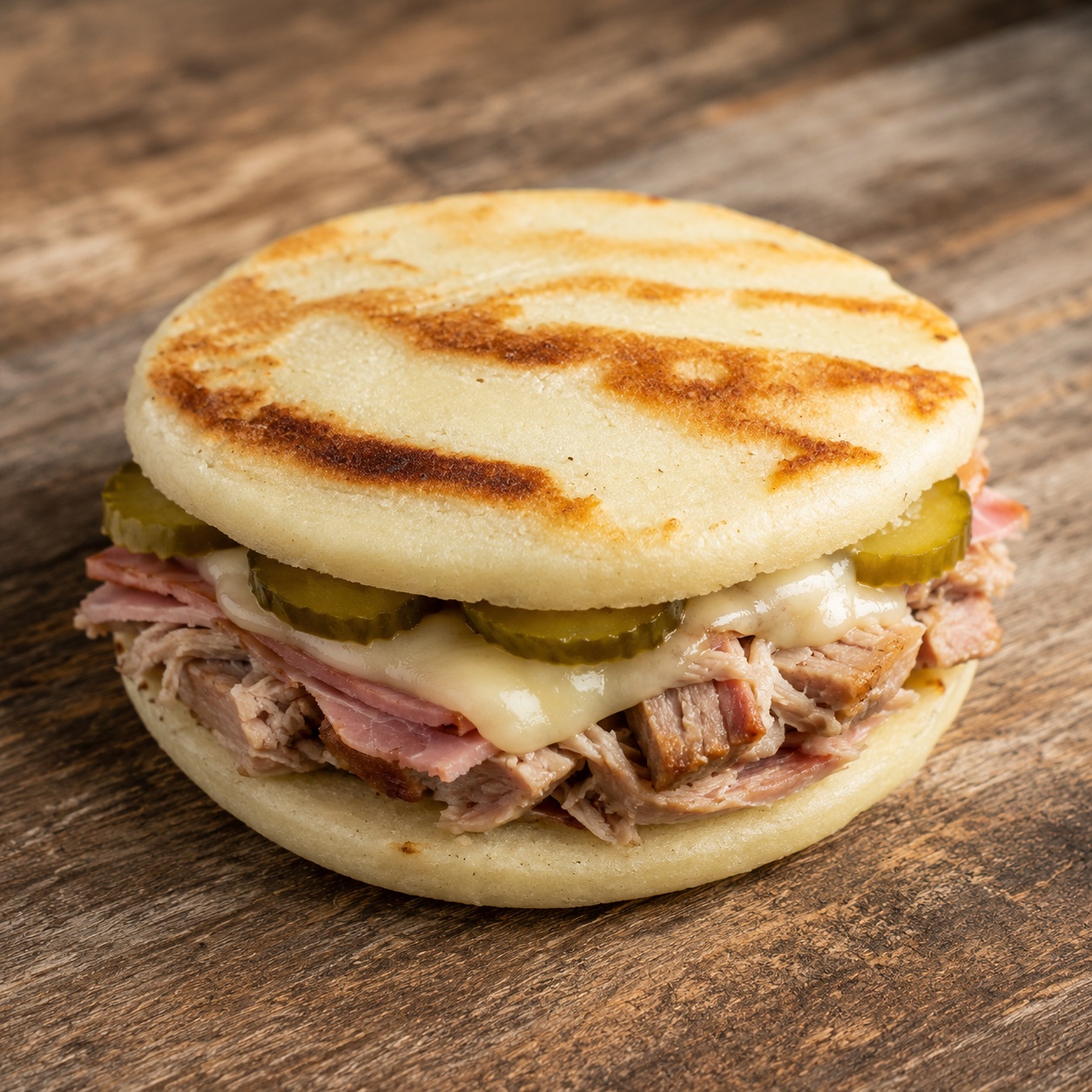 Two arepas pressed together with roast pork, ham, Swiss cheese and pickles