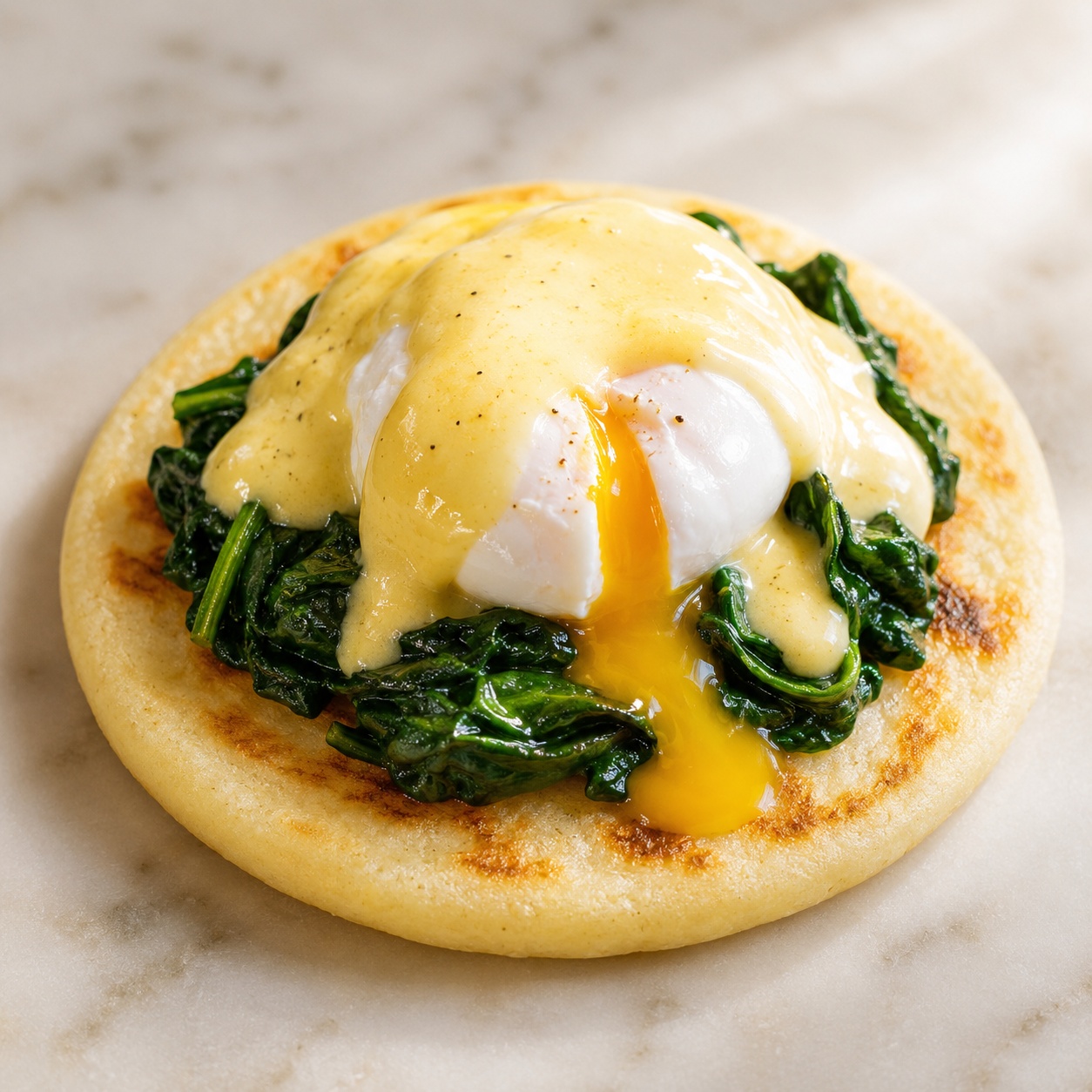 Arepa topped with nutmeg spinach, a poached egg and yogurt hollandaise