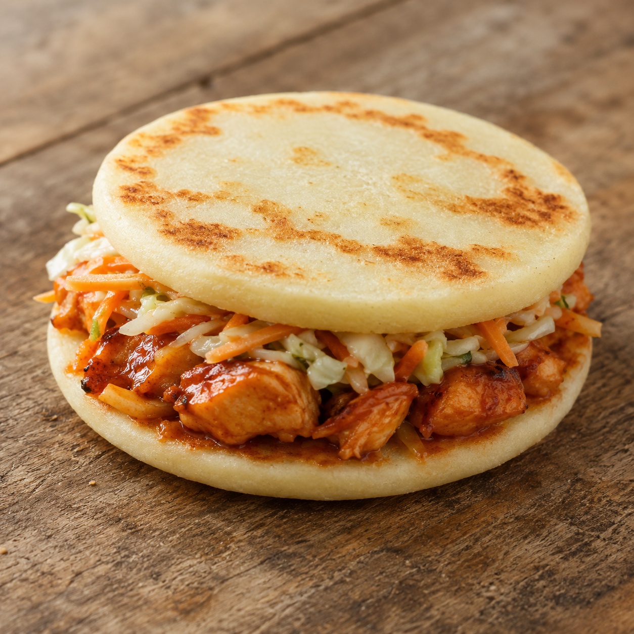 Two arepas sandwiched with peri-peri glazed chicken and a crisp slaw