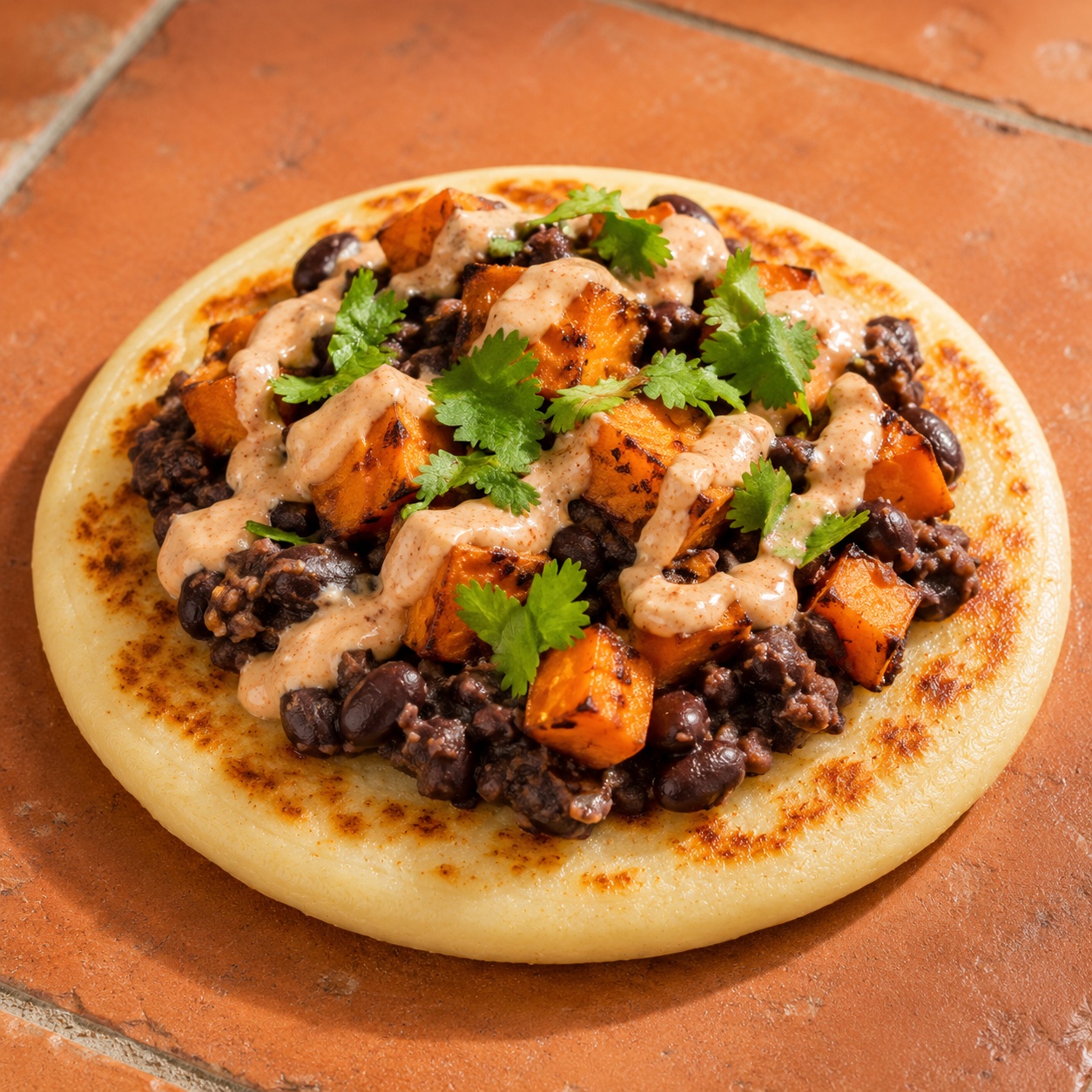 Arepa topped with mashed black beans, diced sweet potato and chipotle crema