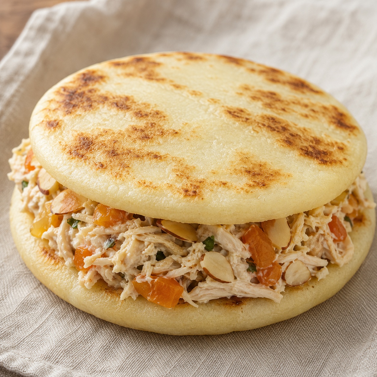 Two arepas sandwiched with chicken salad with dried apricot and almonds