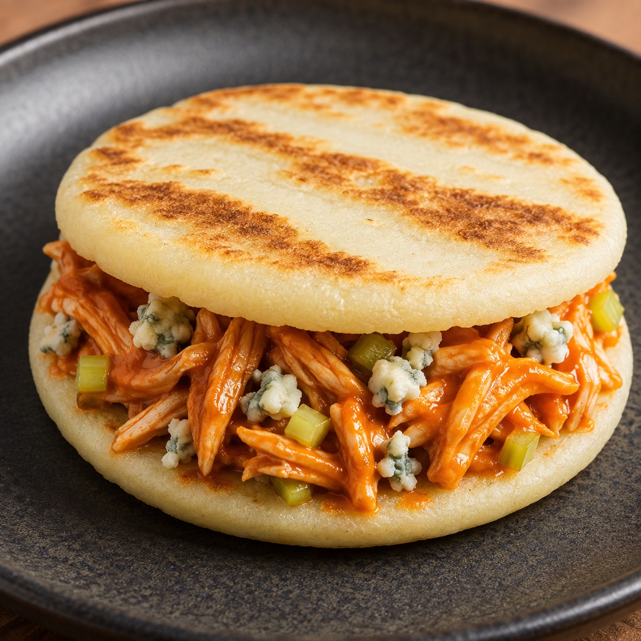 Two arepas sandwiched with buffalo chicken salad and blue cheese crumbles