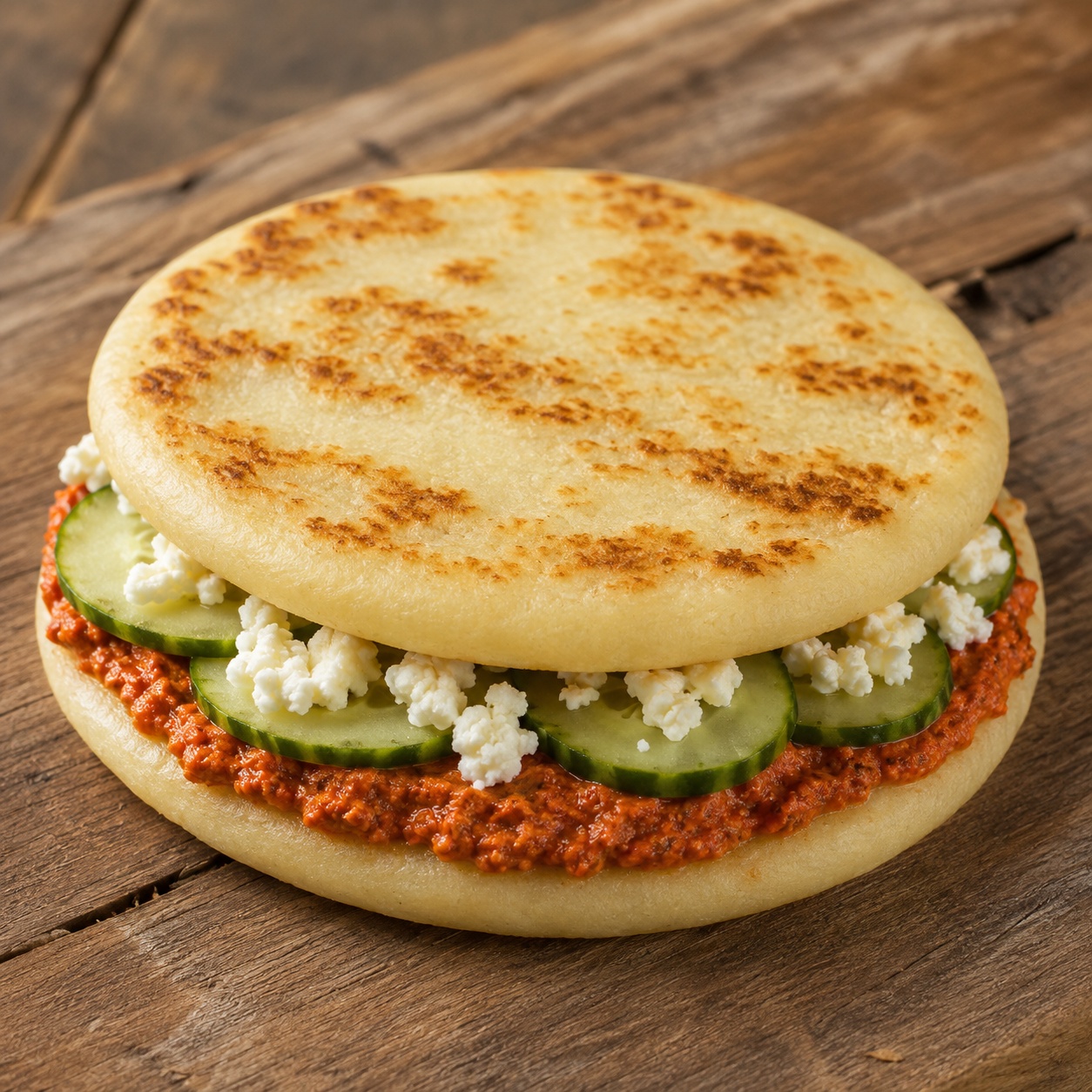 Two arepas sandwiched with brick-red muhammara, cucumber slices and feta