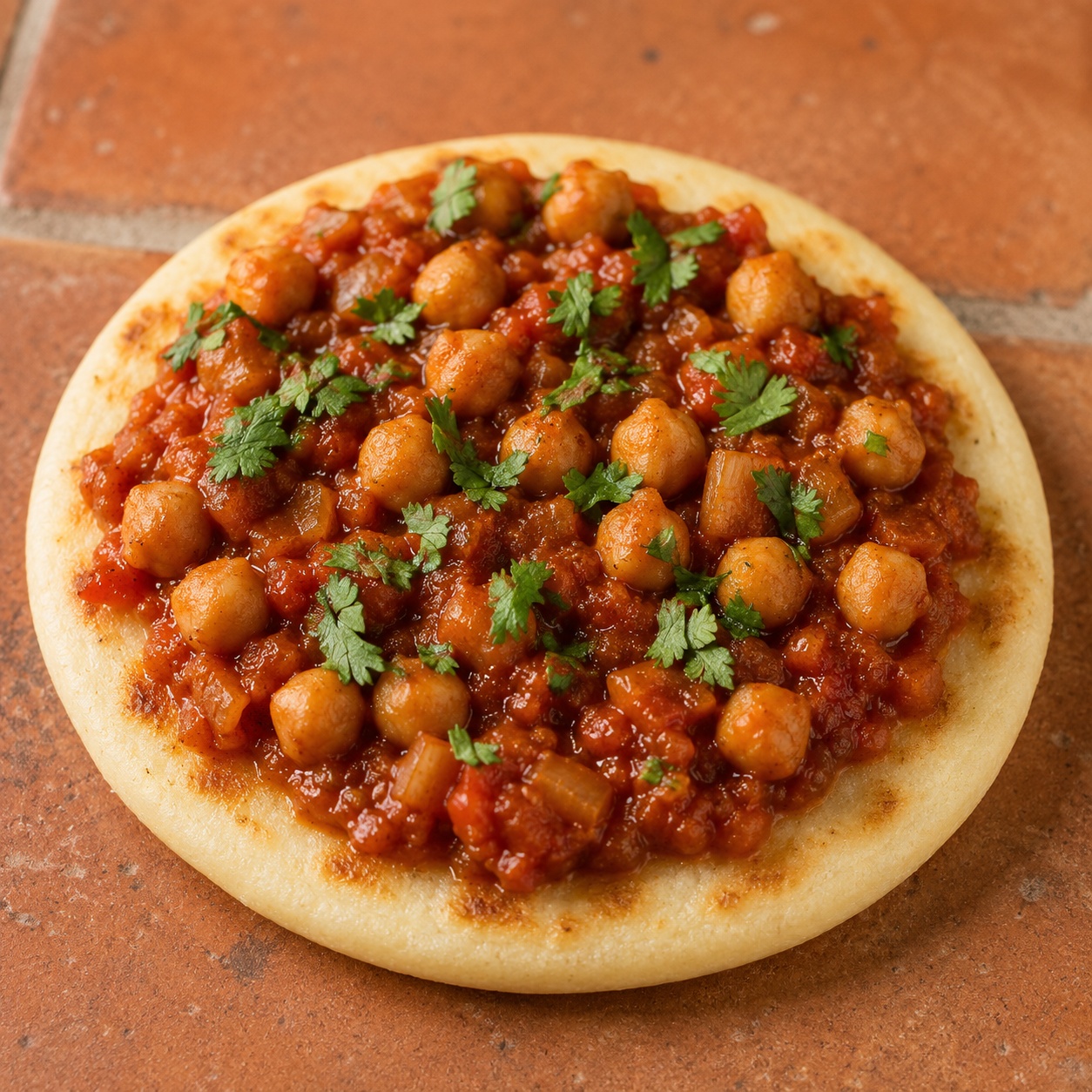 Arepa topped with chickpeas in a spiced ras el hanout tomato stew