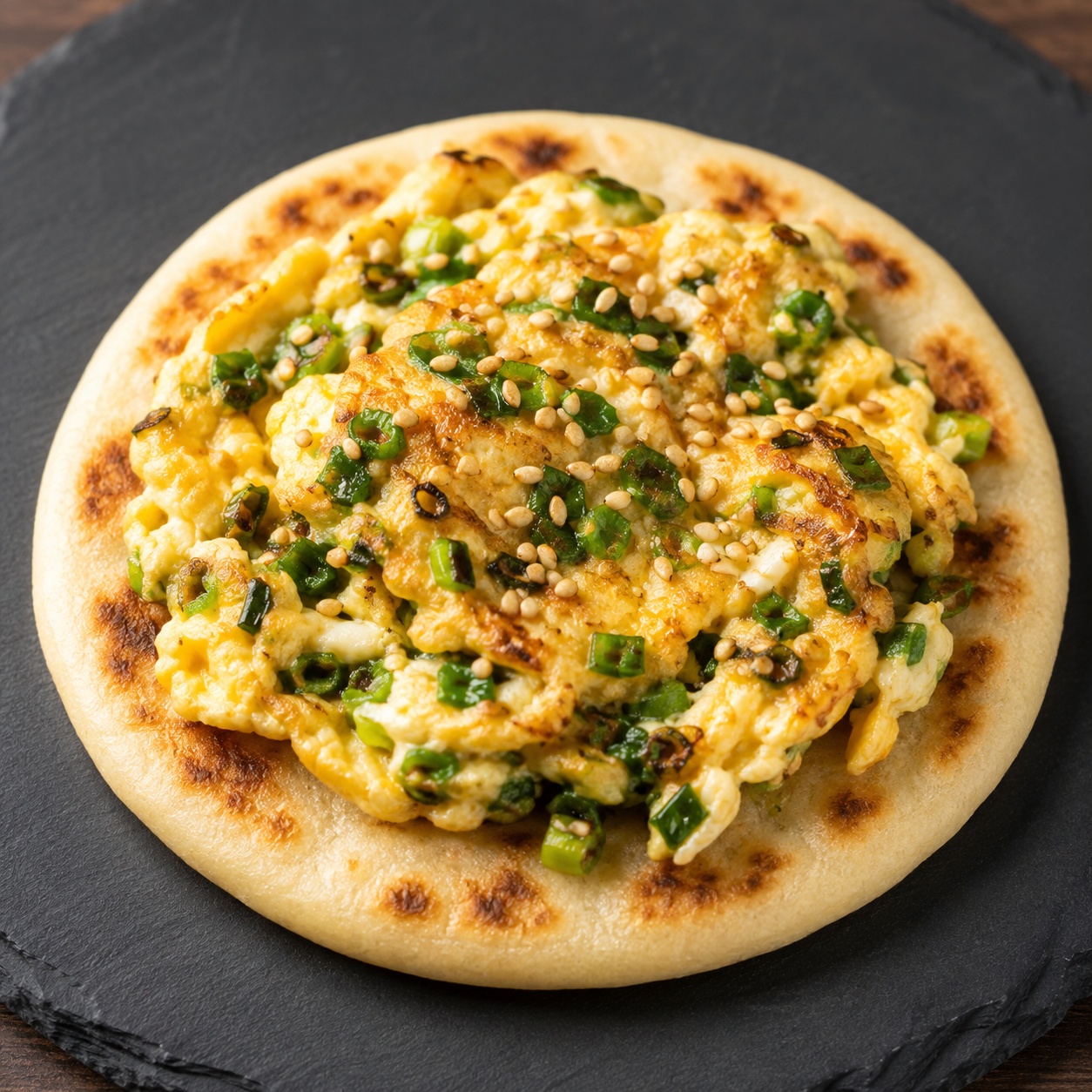 Arepa topped with pan-fried scallion eggs and sesame seeds