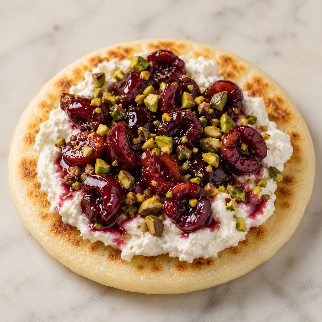Arepa spread with whipped goat cheese, roasted cherries and pistachio