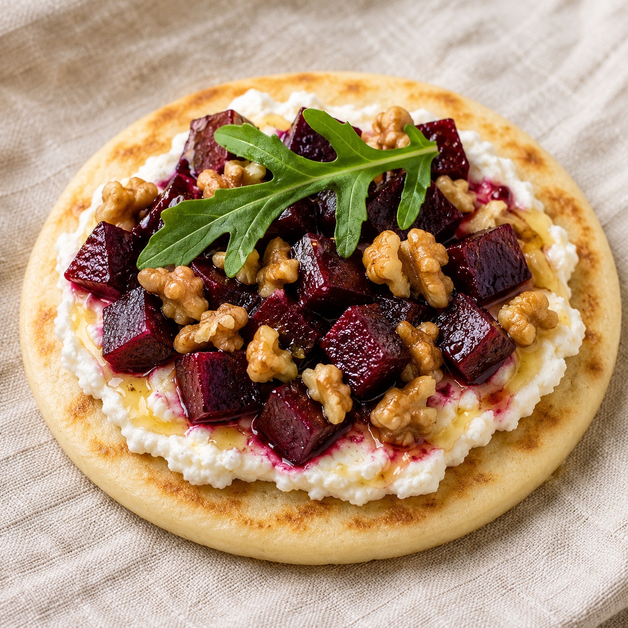Arepa spread with goat cheese, diced red beets and chopped walnuts