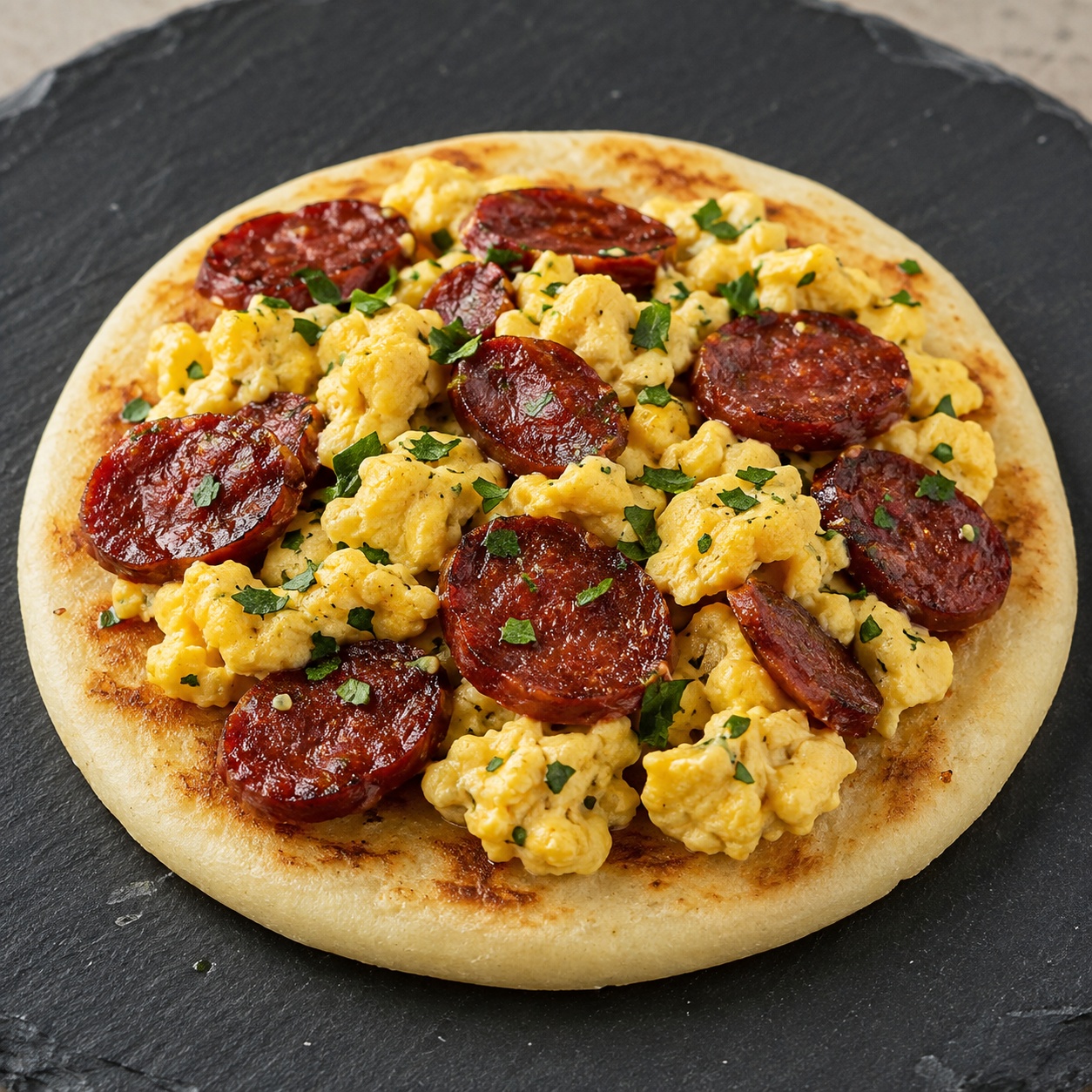 Arepa topped with sliced sucuk sausage and soft scrambled eggs