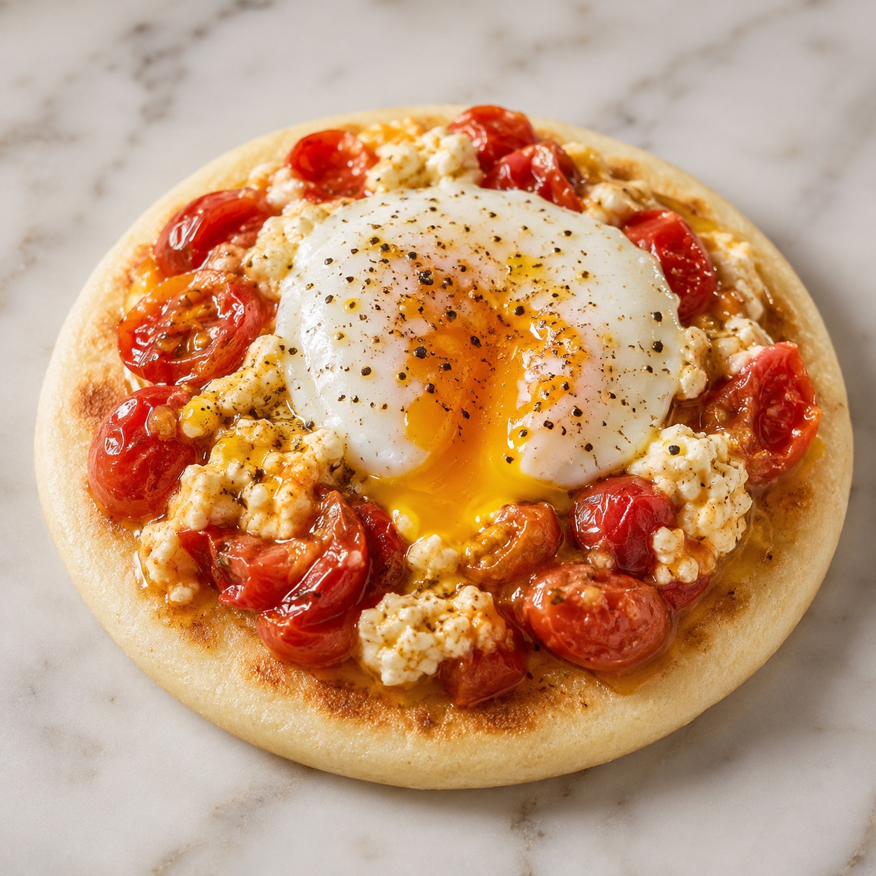Arepa topped with softened baked feta, burst cherry tomatoes and a soft egg