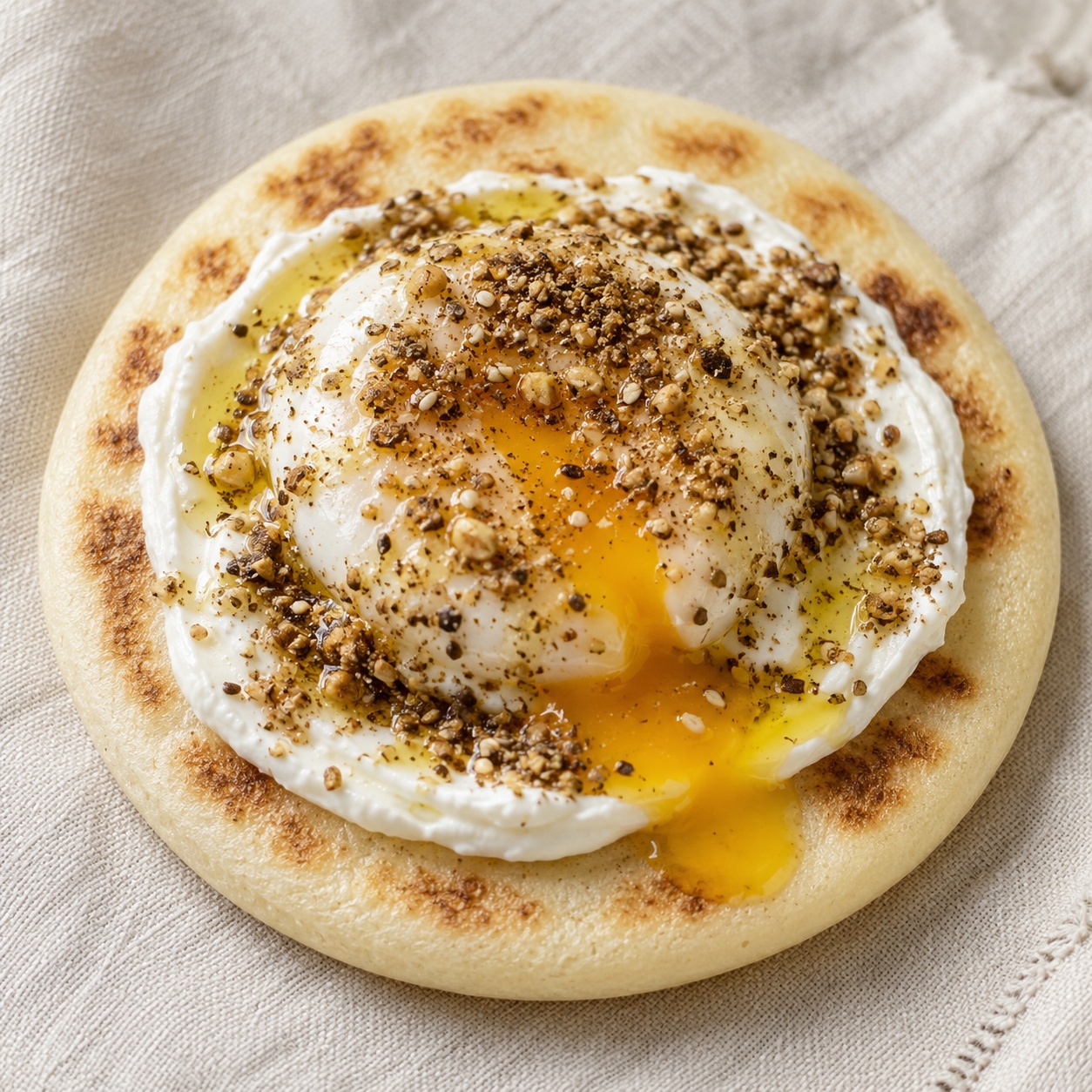 Arepa with labneh, a soft egg and a generous sprinkle of dukkah