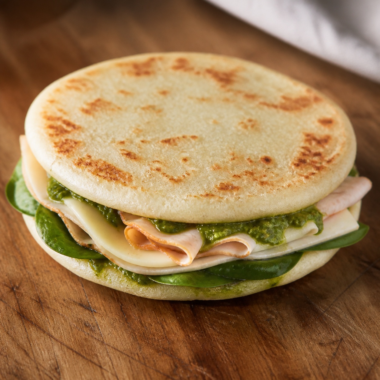 Turkey Pesto Provolone Arepa Sandwich — gluten-free arepa recipe