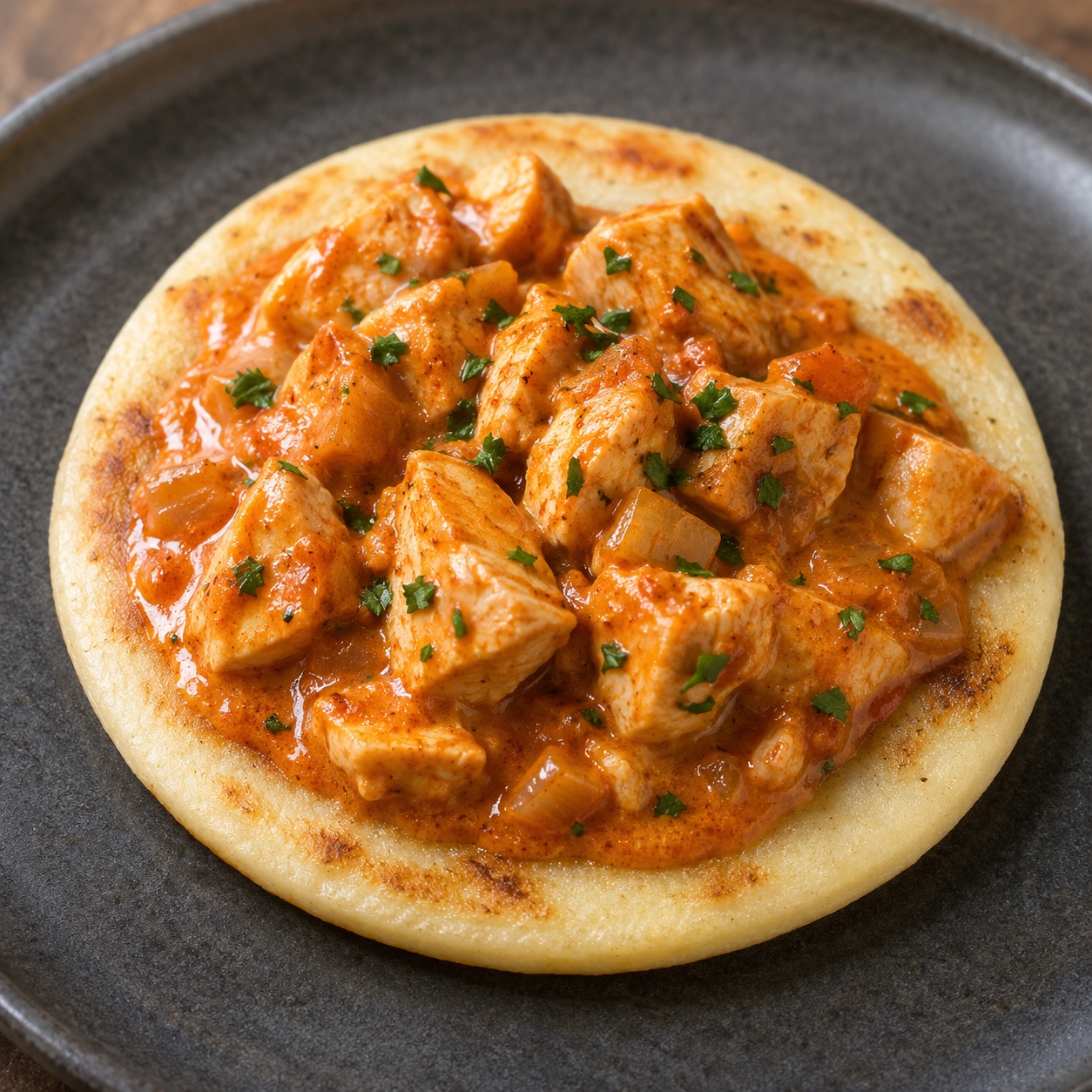 Arepa topped with chicken in a creamy paprika sauce