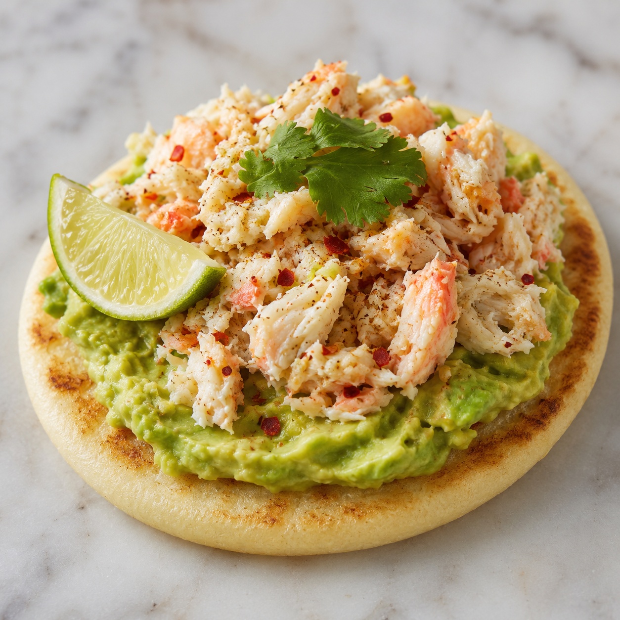 Arepa with mashed avocado topped with lime-dressed crab and chili flakes